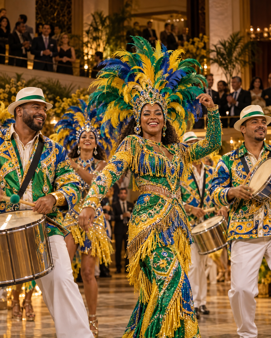 Apresentação cultural brasileira com percussionistas e dançarinos em traje de carnaval